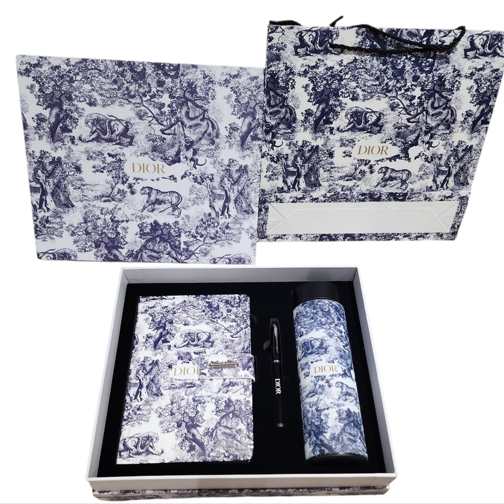 Dior GWP notebook, pen, and thermos with tea infuser and electronic temperature